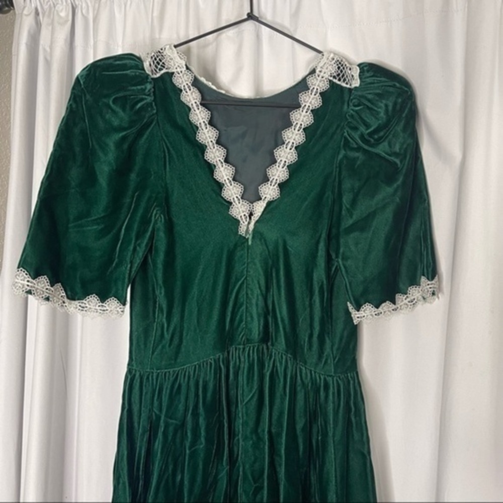 Dark Teal Velvet Dress Lace Collar